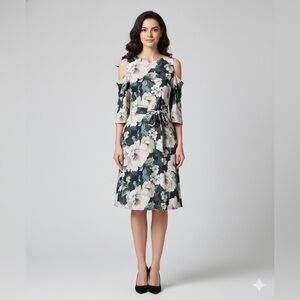 Green and White Cold Shoulder Midi Floral Sundress with Sash